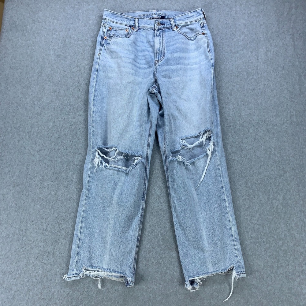 American Eagle Super High Rise Baggy Straight Jeans Womens 10 S Blue Distressed